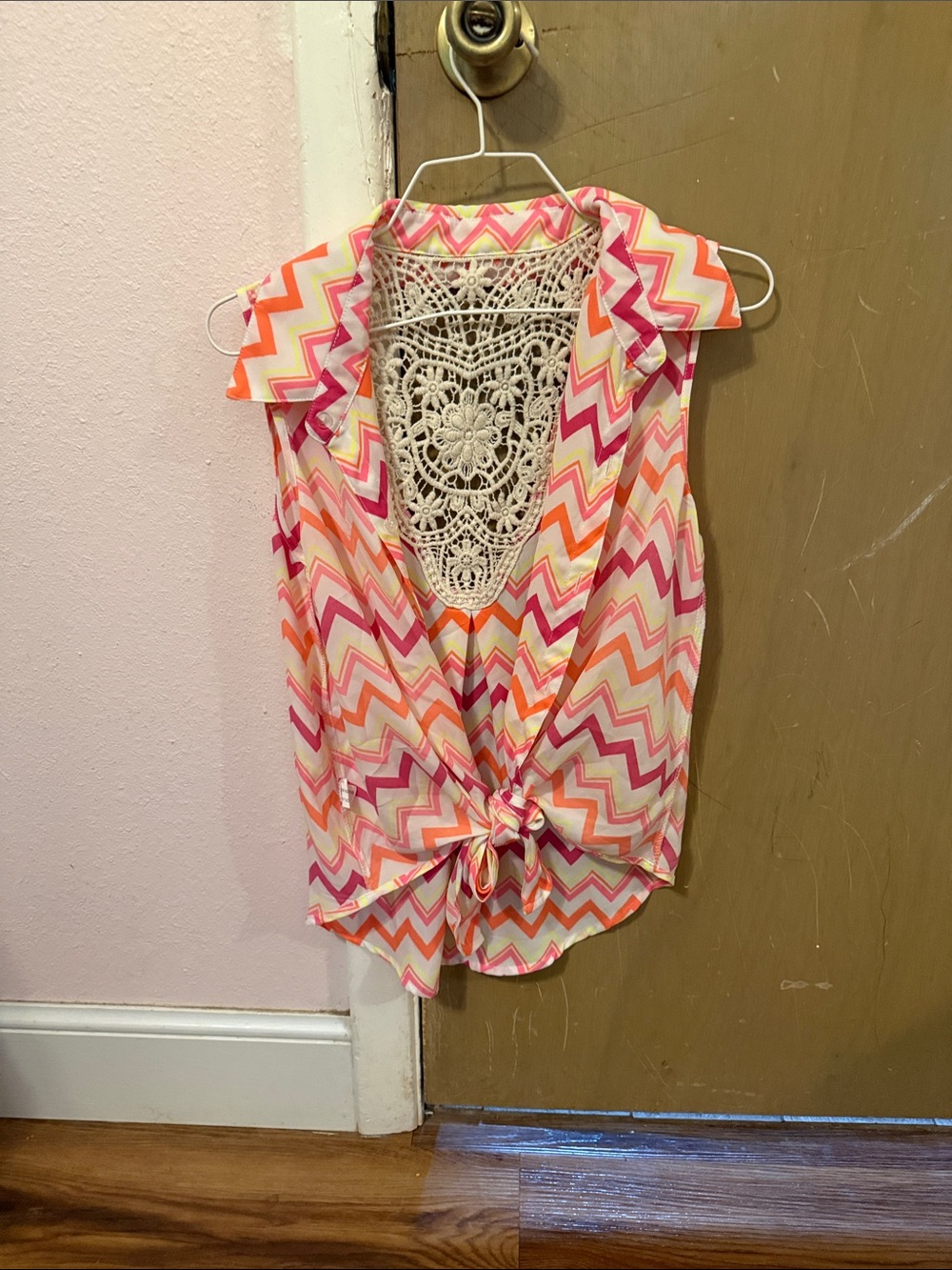 No Boundaries Pink & Orange Chevron Crochet-Back Tie-Front Camisole